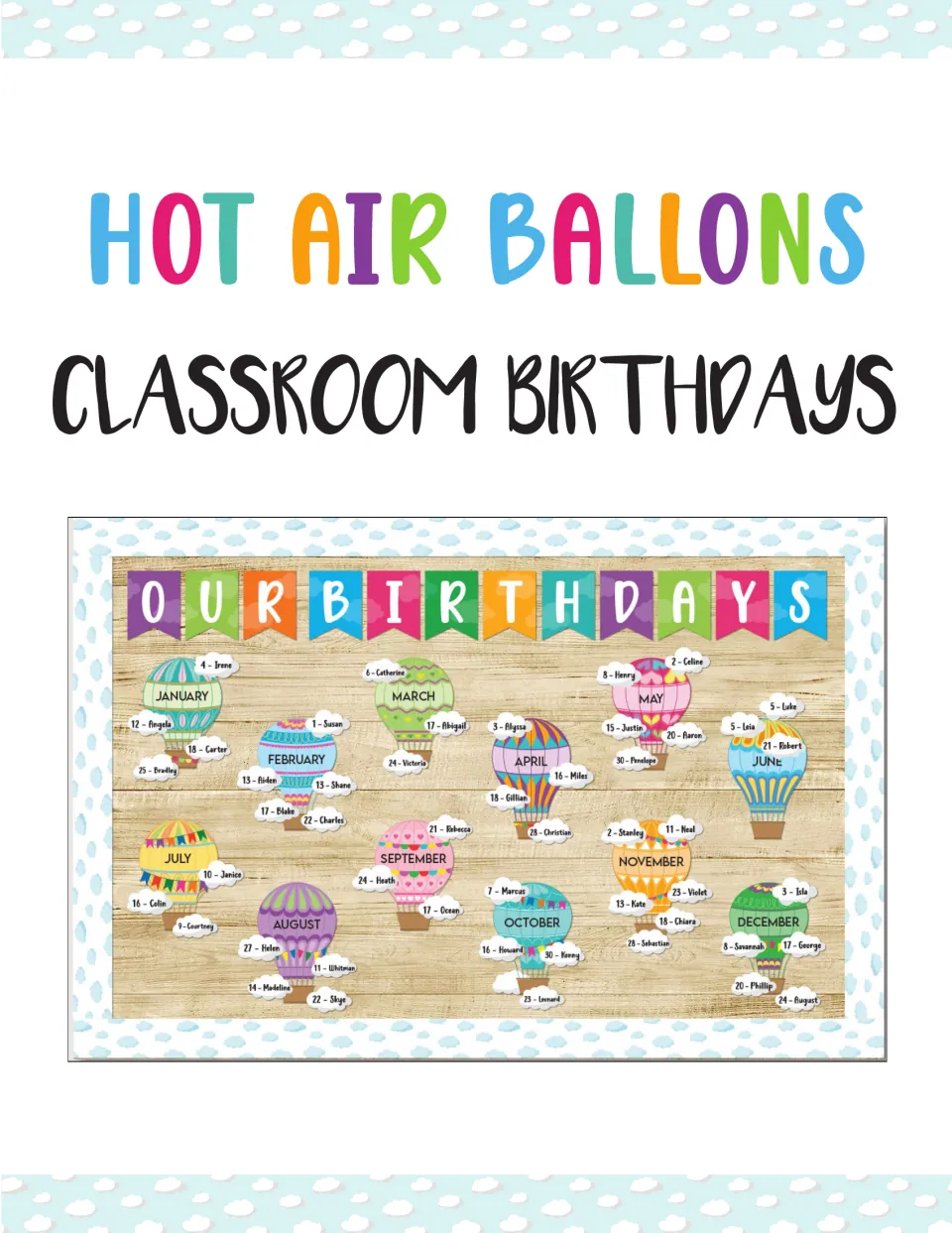 Hot Air Balloons classroom birthdays cover showing an Our Birthdays board with a balloon for each month and student names