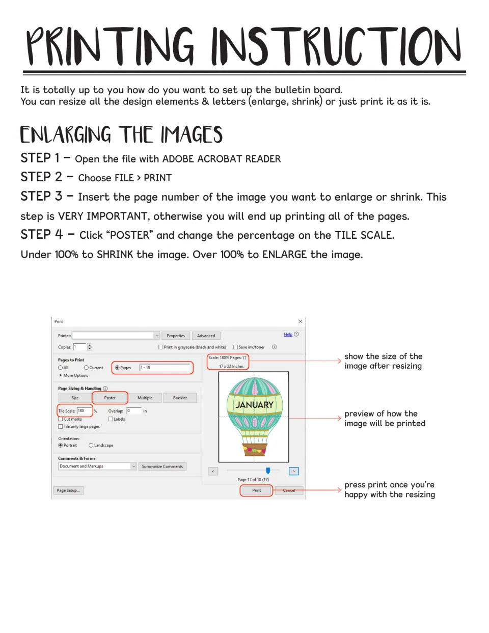 Printing steps for enlarging images in Adobe Reader using Poster tile scale, shown with a January balloon print preview