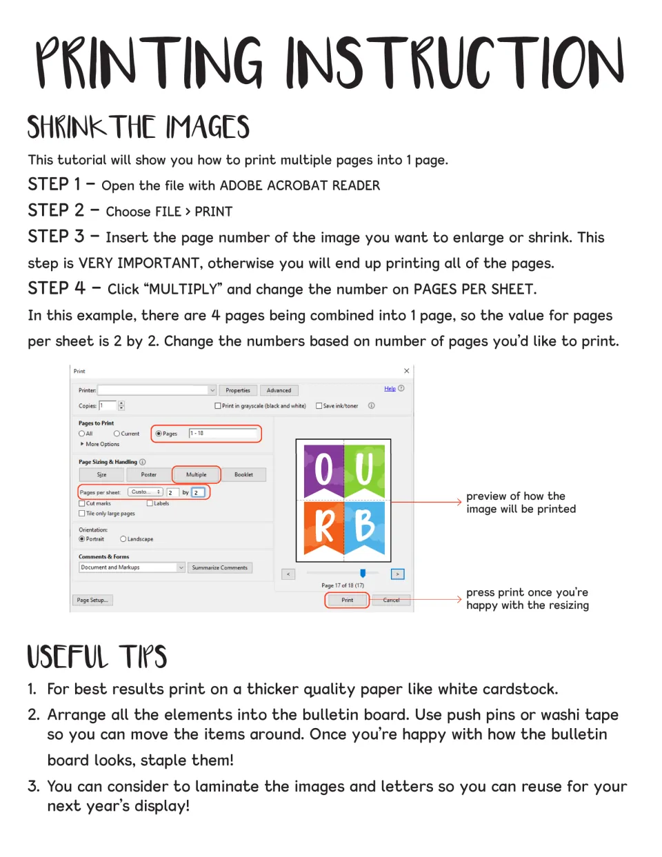 Printing steps to shrink images with Multiple pages per sheet, plus tips on cardstock, arranging pieces and laminating