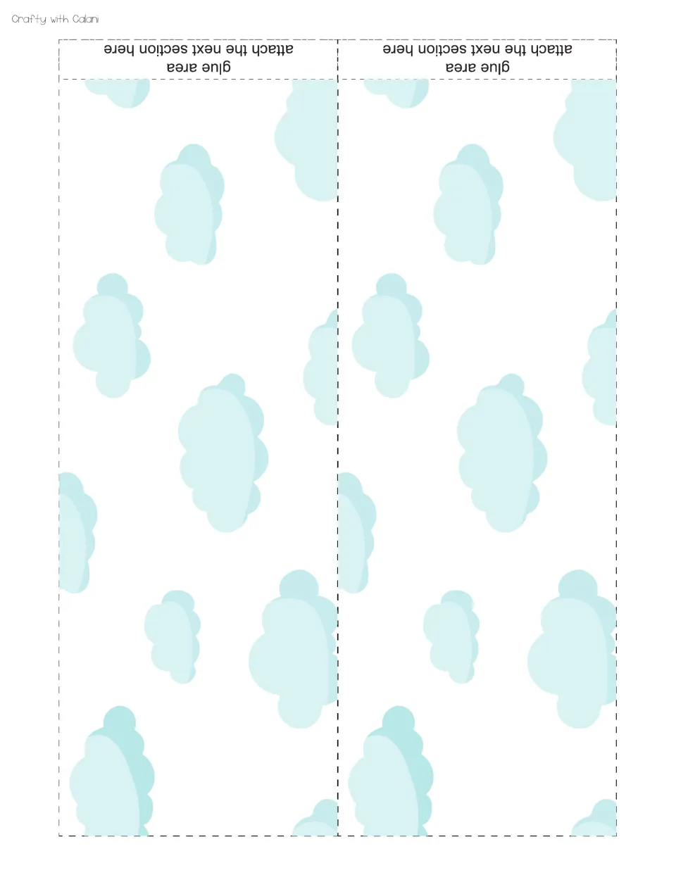 Cloud border strips: two sky-blue cloud pattern border pieces with glue areas marked for attaching the next section