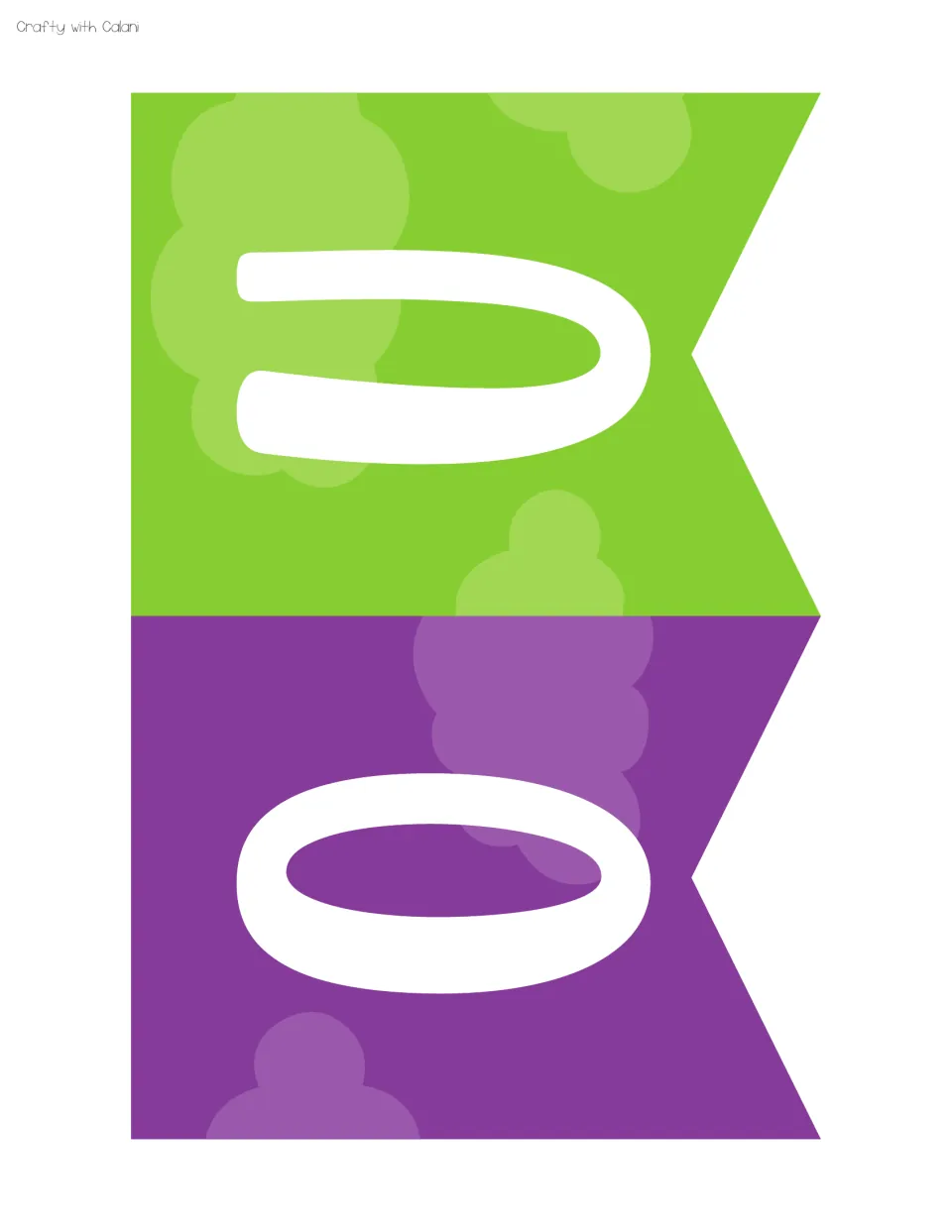Bunting pennants for the letters O and U, purple and green flags with cloud accents to start the Our Birthdays banner