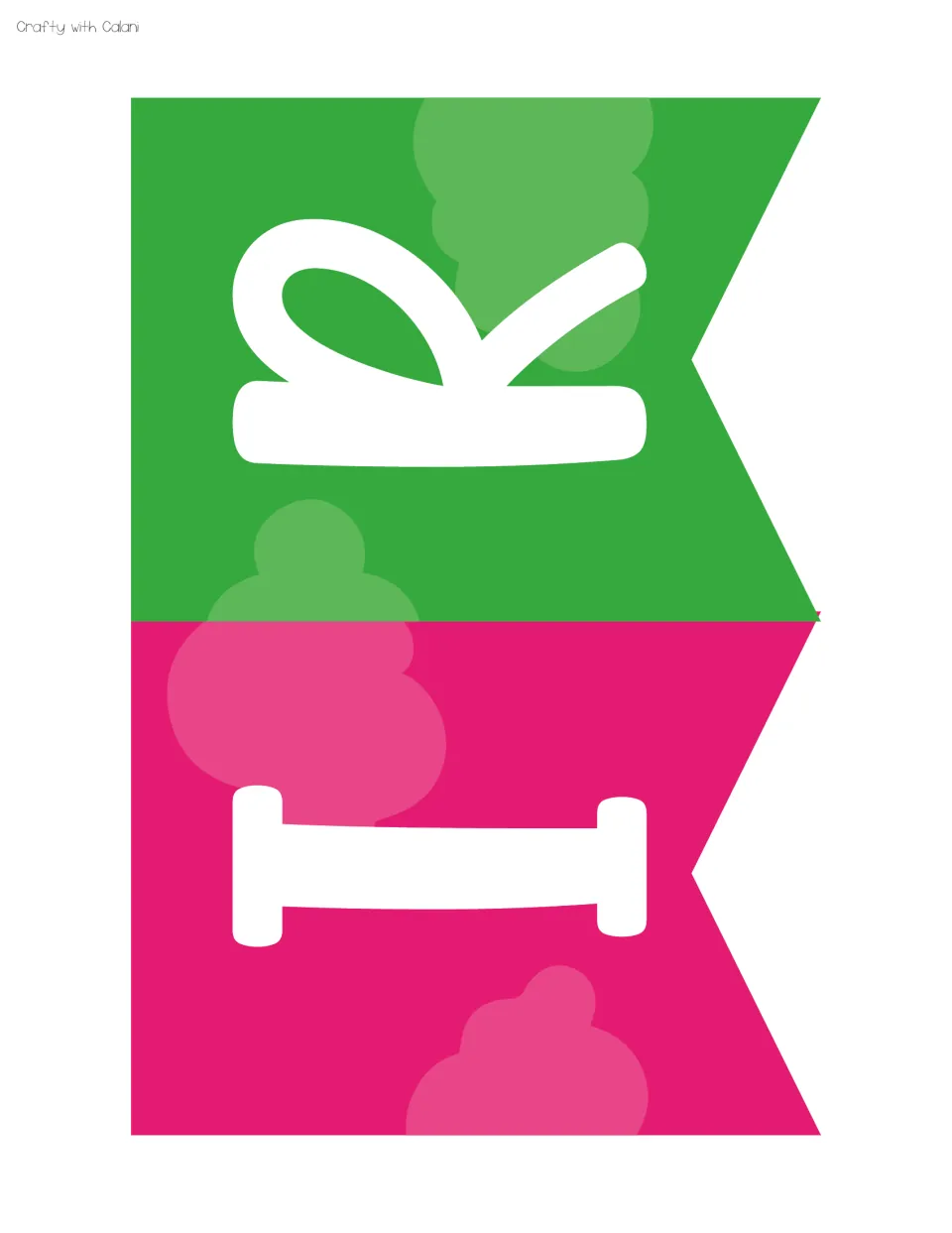 Pennant letters I and R in pink and green with soft cloud shapes, part of the birthday banner lettering
