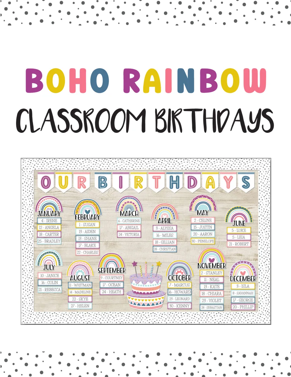 Boho Rainbow Classroom Birthdays cover: a sample display with an OUR BIRTHDAYS banner, rainbow month cards and a cake