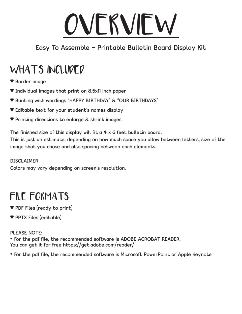 Kit overview listing the trim, month images, HAPPY BIRTHDAY and OUR BIRTHDAYS bunting, editable names and file formats