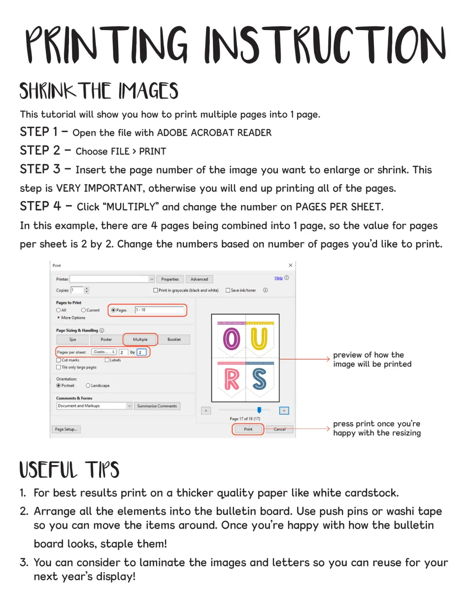 Printing instructions for shrinking images with Multiple pages per sheet, plus tips on cardstock, push pins and laminating