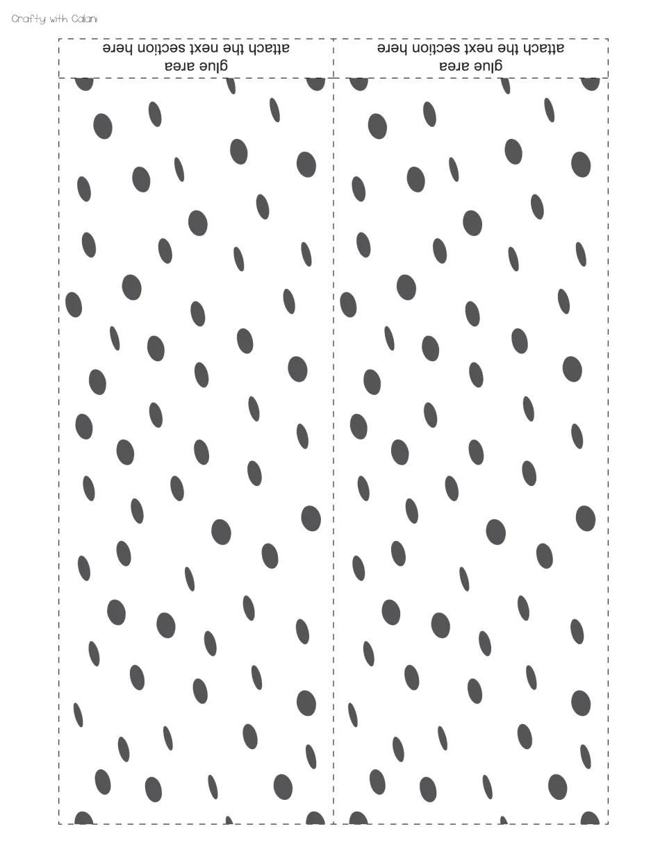 Gray polka-dot trim cut-out piece: two strips to cut apart, each with a glue area labeled to attach the next section here