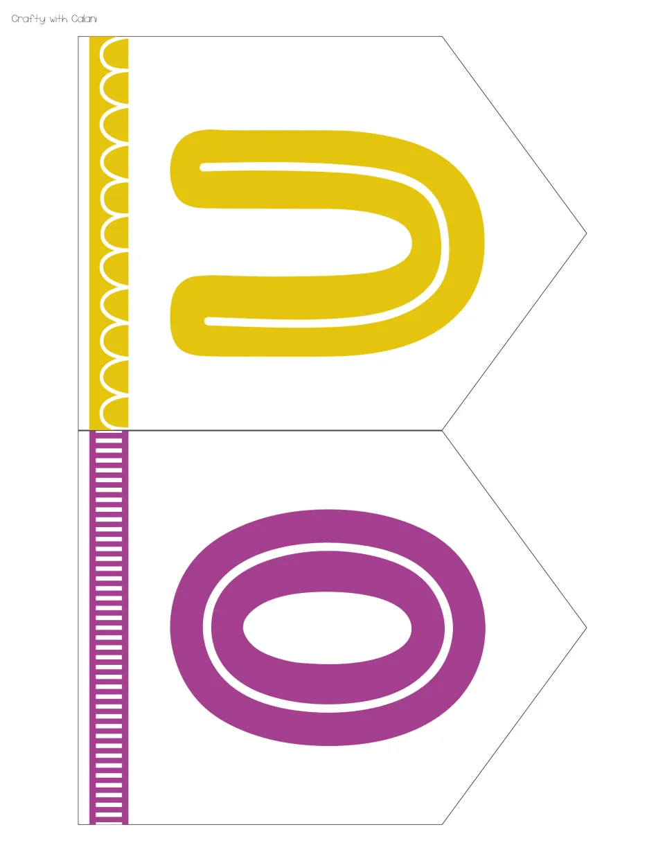 Banner cut-out piece: two pennants with the letters O in purple and U in yellow, printed sideways with patterned edges