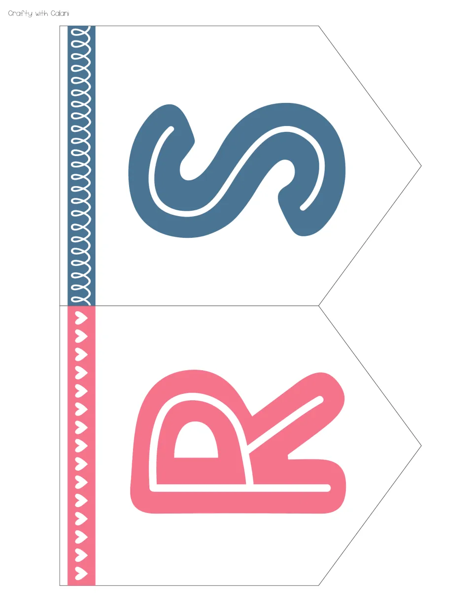 Banner cut-out piece: two pennants with the letters R in pink and S in blue, printed sideways with heart and loop edges