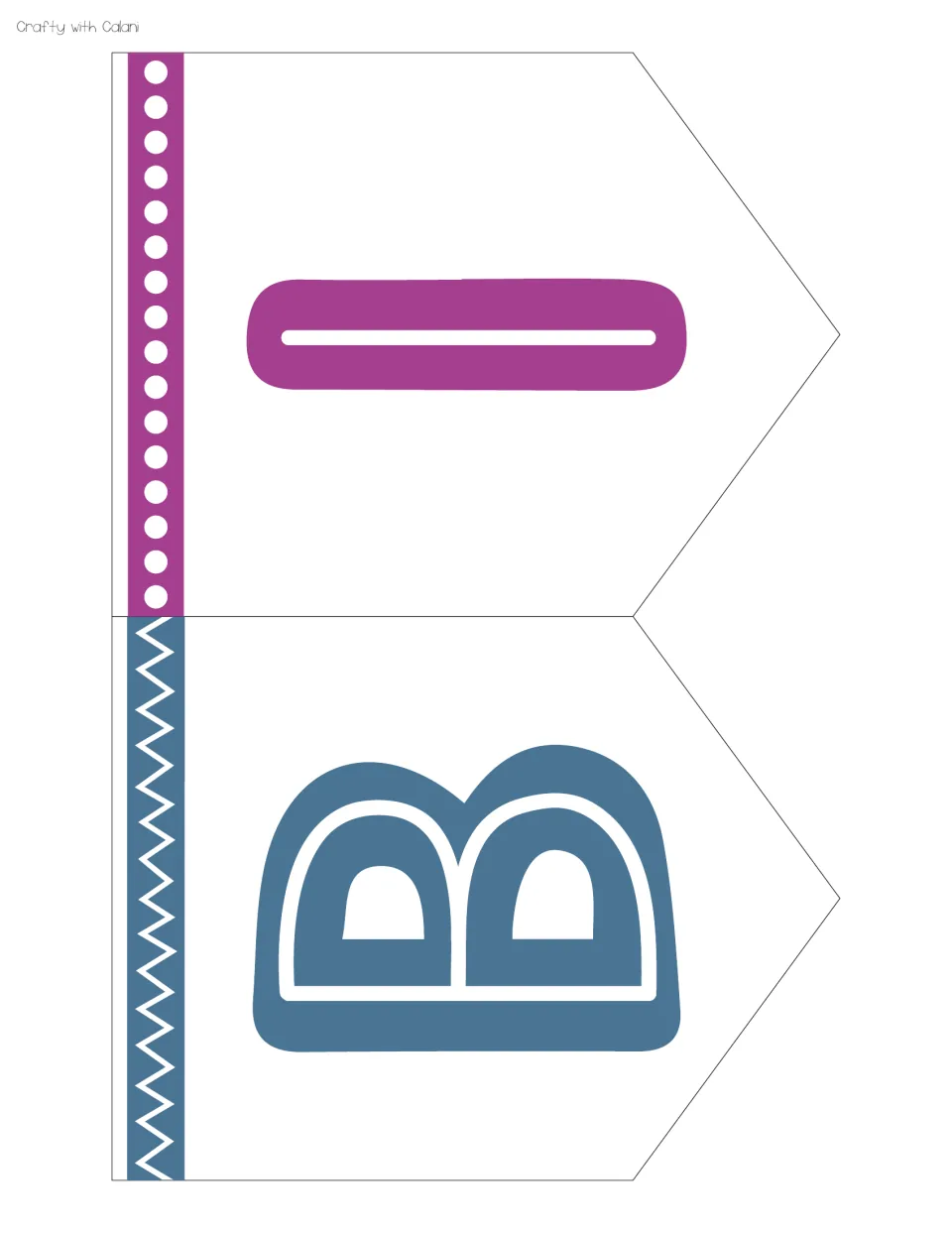Banner cut-out piece: two pennants with the letters B in blue and I in purple, printed sideways with zigzag and dot edges