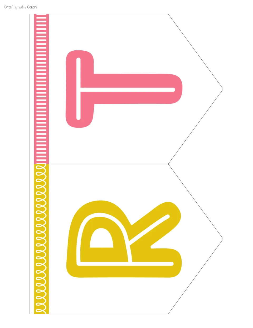 Banner cut-out piece: two pennants with the letters R in yellow and T in pink, printed sideways with loop and stripe edges