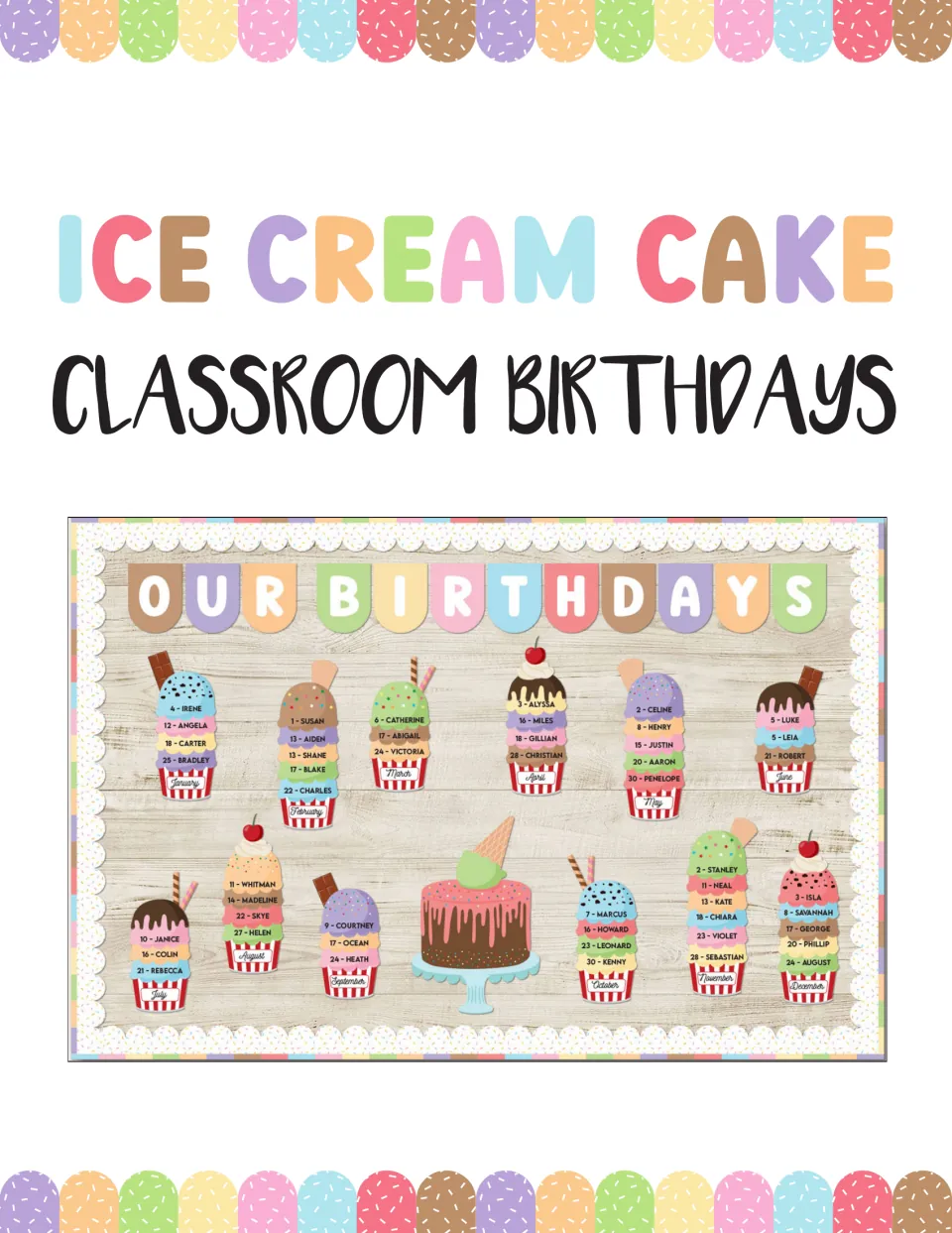 Ice Cream Cake Classroom Birthdays cover showing an OUR BIRTHDAYS board of monthly ice cream cones with student names
