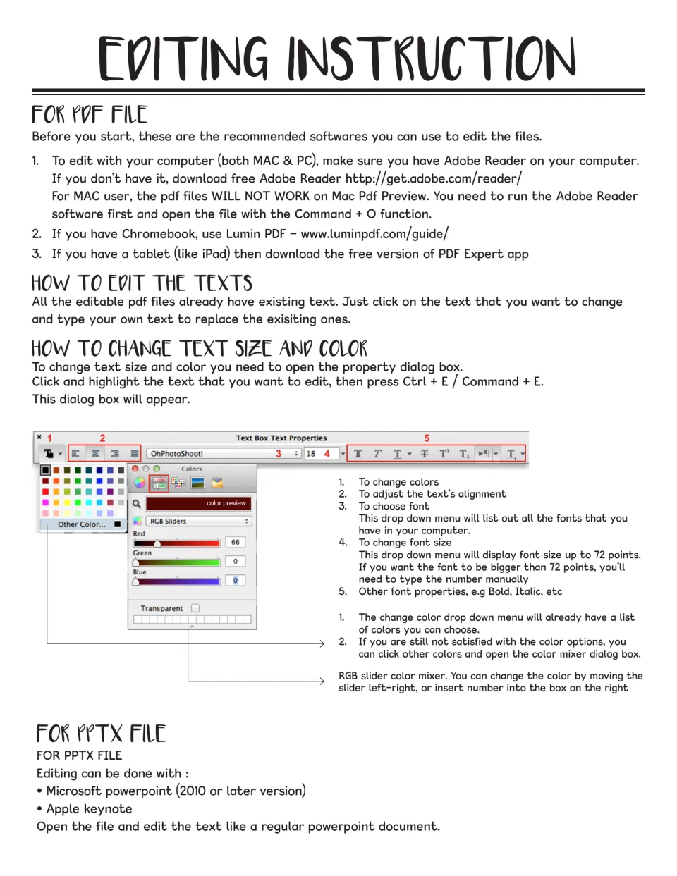 Editing instructions for typing student names in the PDF or PPTX files and changing font, size and color in Adobe Reader