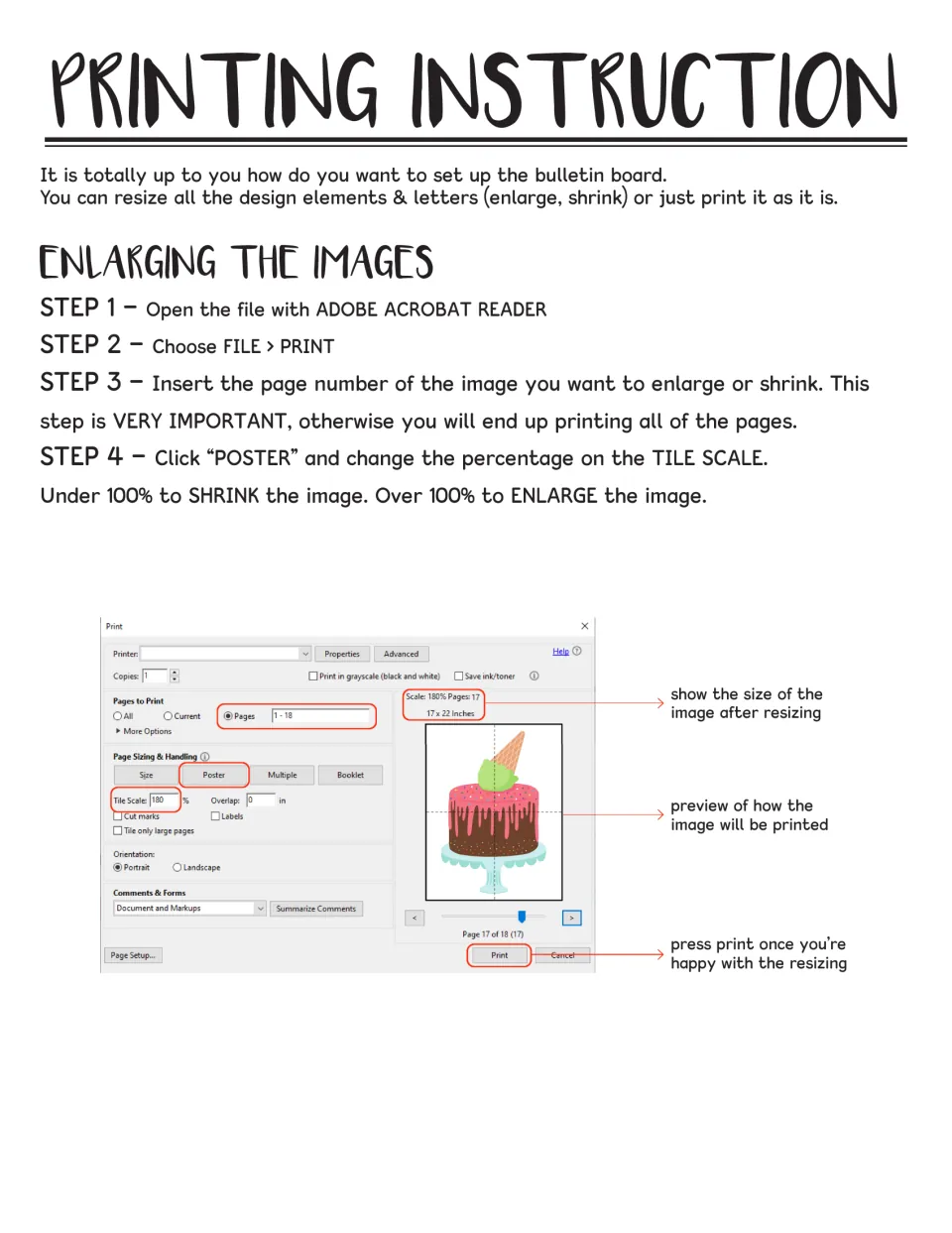 Enlarging images for printing: four Adobe Reader steps using Poster and Tile Scale, shown on a print dialog screenshot
