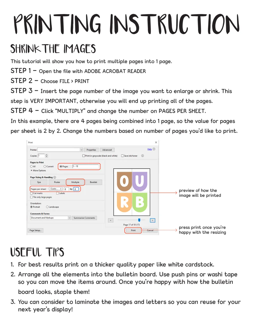 Shrinking images by printing multiple pages per sheet, plus tips on cardstock, washi tape and laminating to reuse pieces