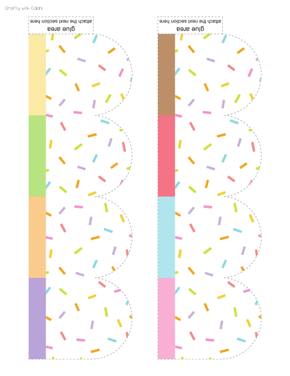 Border cut-out pieces: two scalloped sprinkle strips with pastel color bands and glue areas to attach the next section