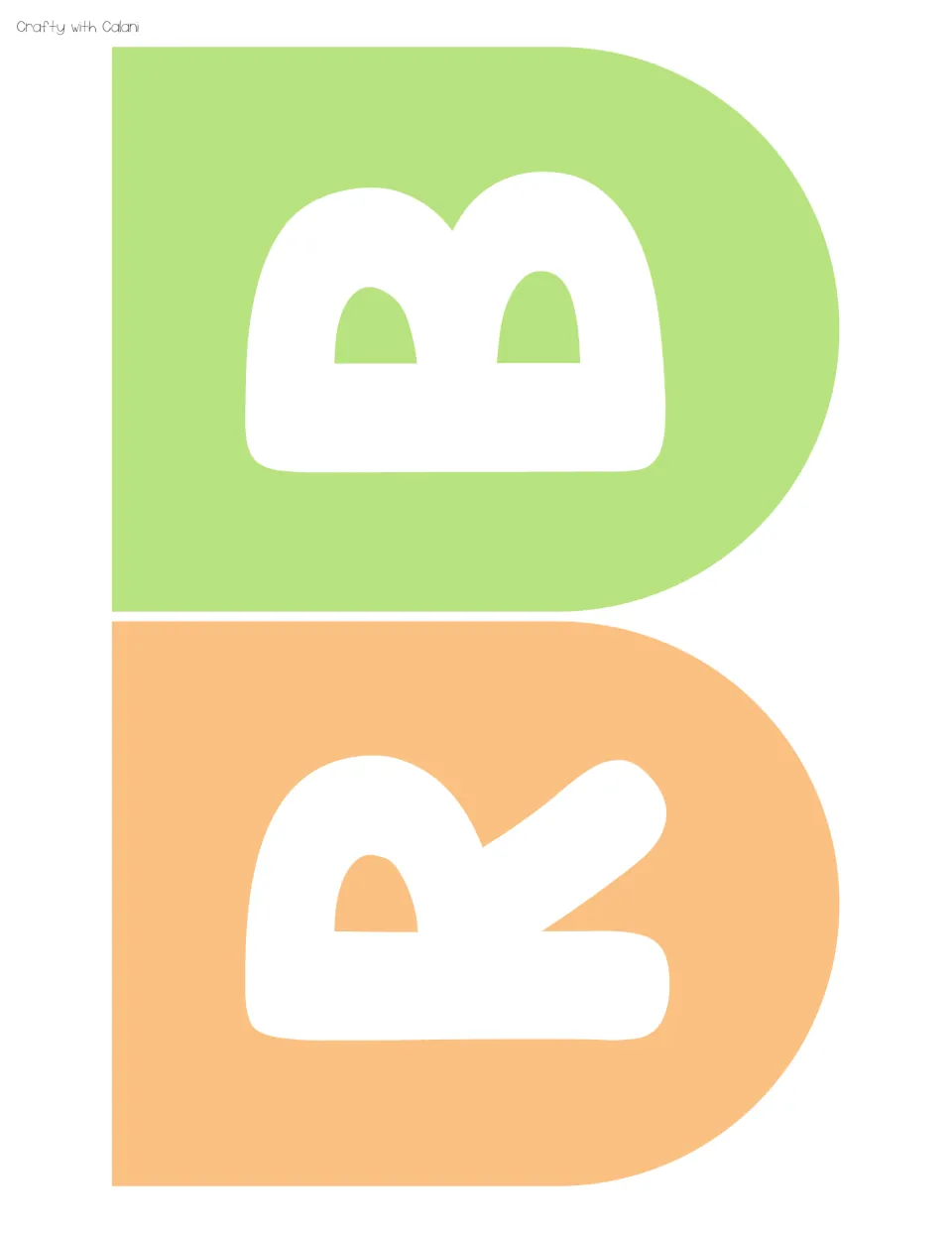 Banner pennant cut-outs with a white R on orange and a white B on green, turned sideways to fill the page