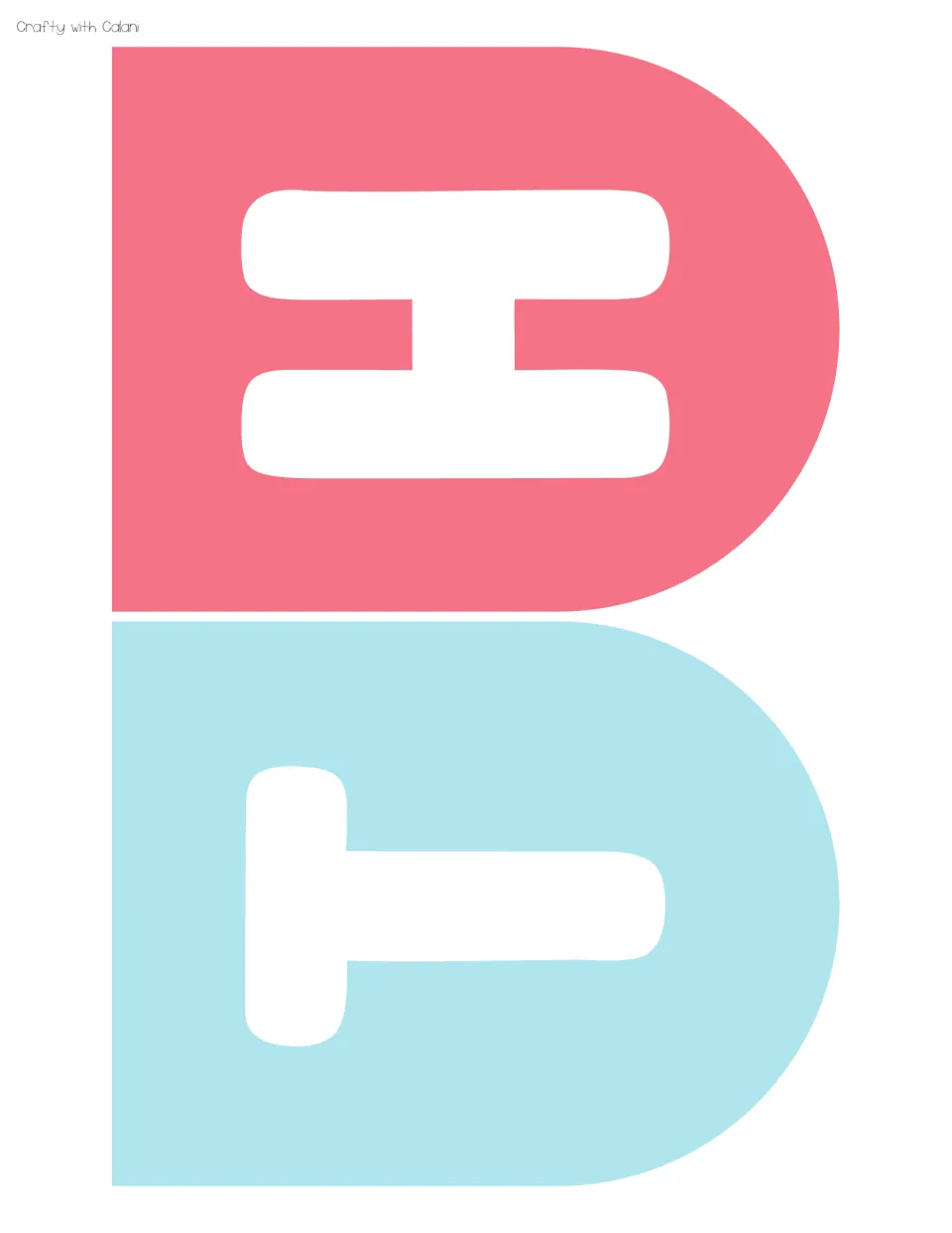 Two more heading pennants, a white T on light blue and a white H on coral pink, printed sideways for cutting