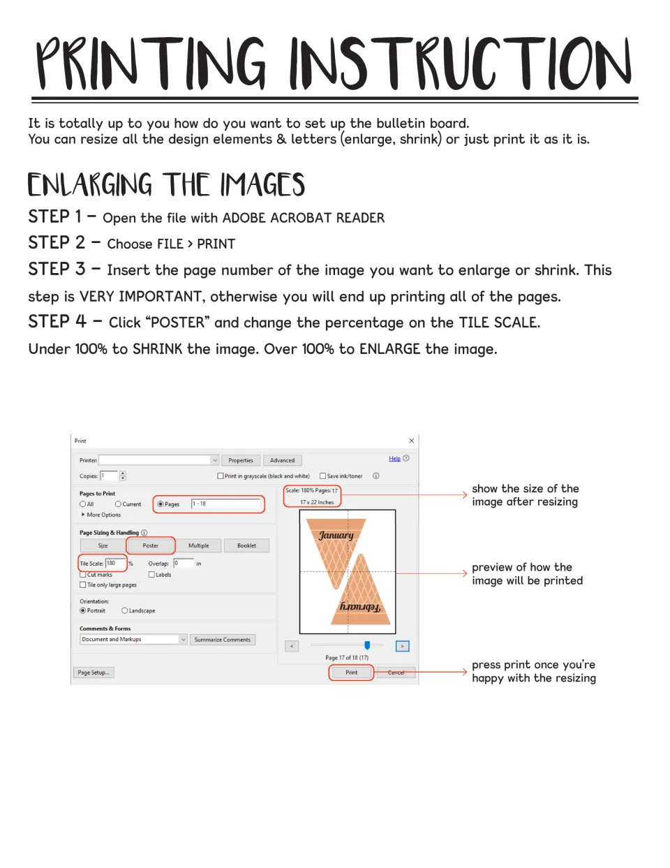 Printing instructions for enlarging pieces: use Adobe Reader Poster mode and tile scale to resize a cone for the board