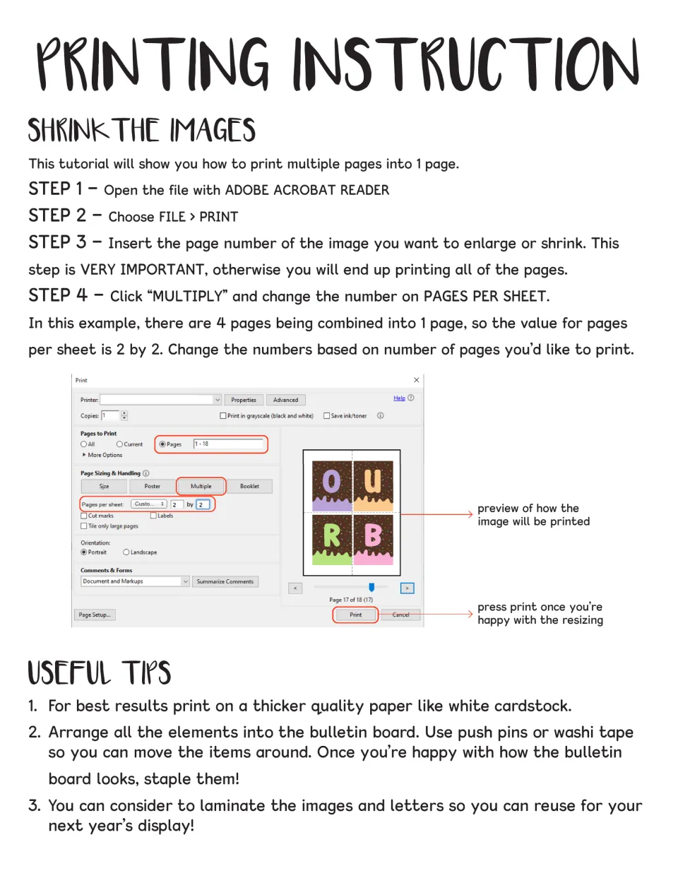 Printing instructions for shrinking pieces, multiple pages per sheet, plus tips on cardstock, push pins and laminating