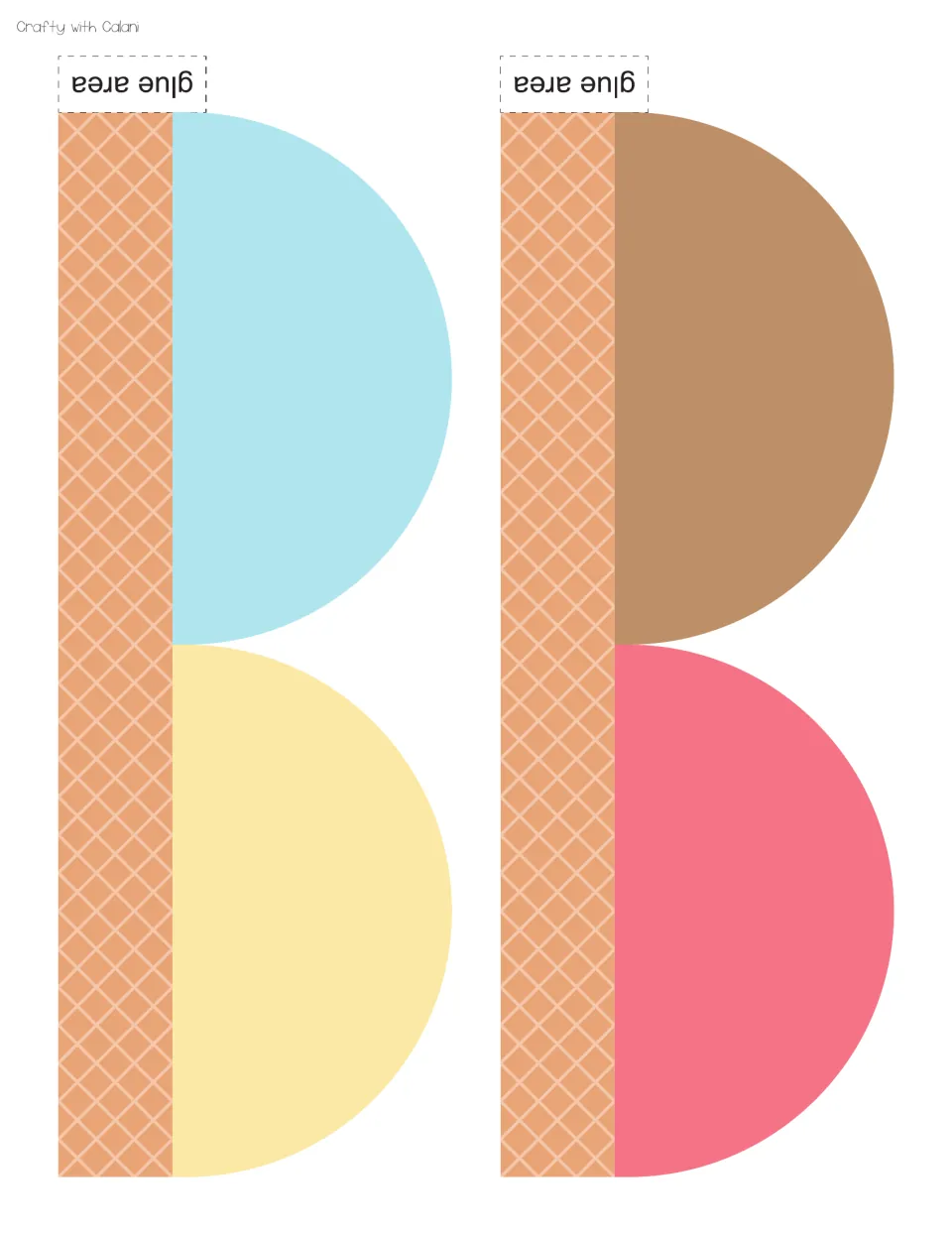 Border cut-out pieces: blue, yellow, brown and pink half-circle ice cream scoops on waffle cone strips with glue tabs