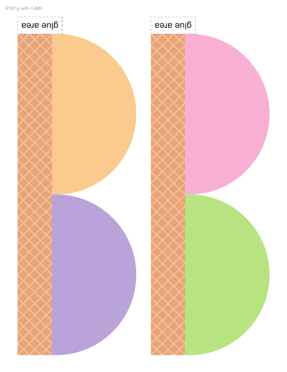 Border cut-out pieces: orange, purple, pink and green half-circle ice cream scoops on waffle strips with glue tabs