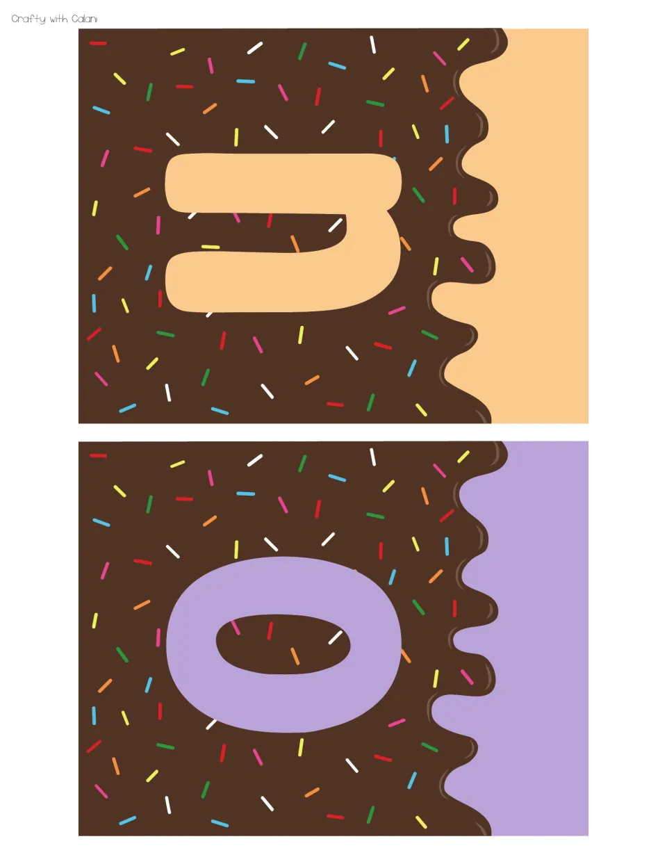Bunting letters U and O printed sideways on chocolate drip cards with rainbow sprinkles and orange and purple edges