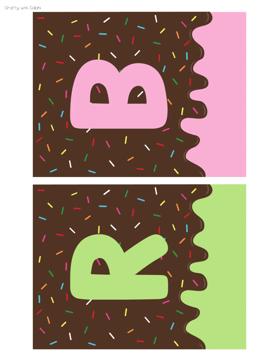 Bunting letters B and R on chocolate-drip sprinkle cards with pink and green ice cream edges, printed sideways