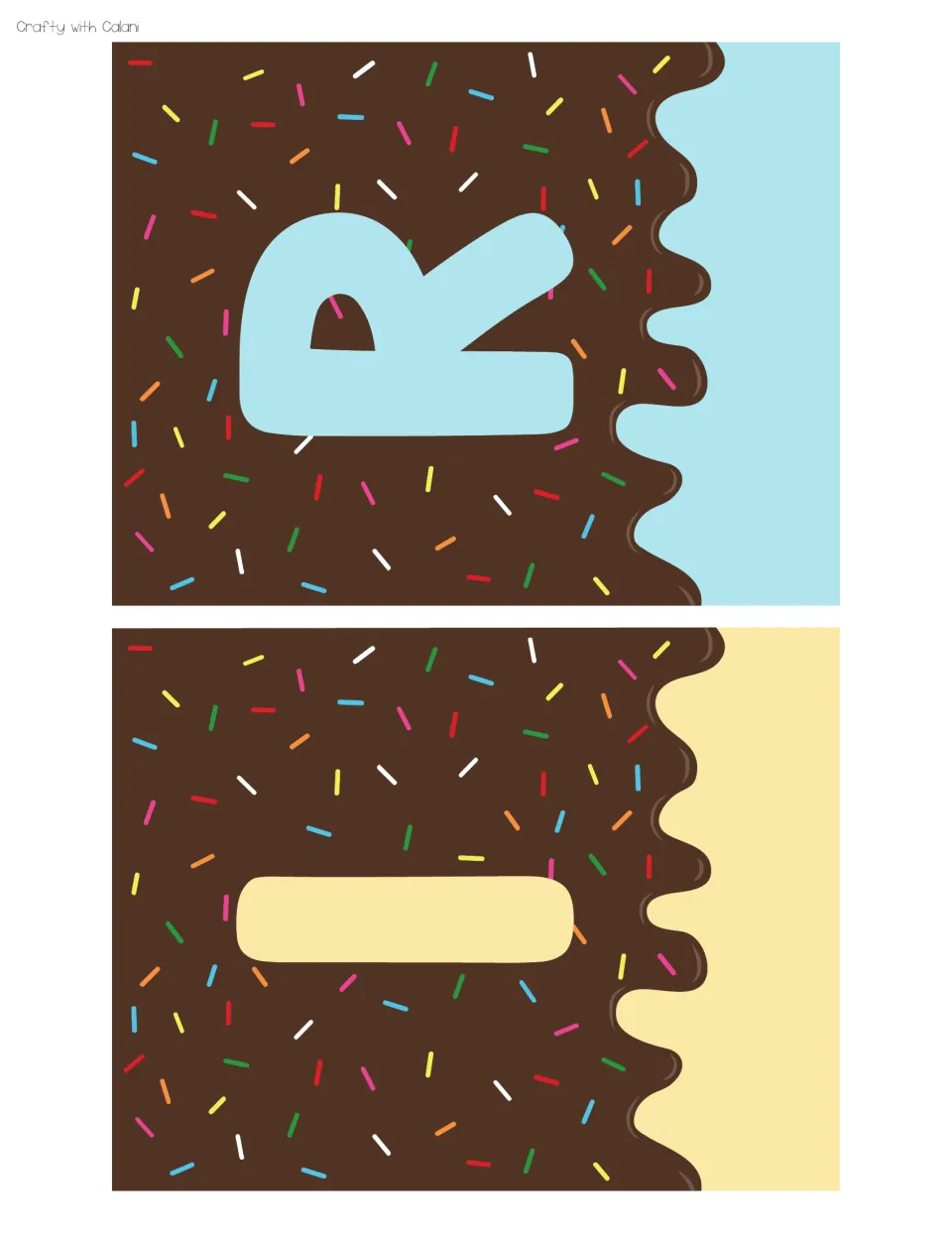 Bunting letters R and I on chocolate-drip sprinkle cards with blue and yellow ice cream edges for the birthday banner