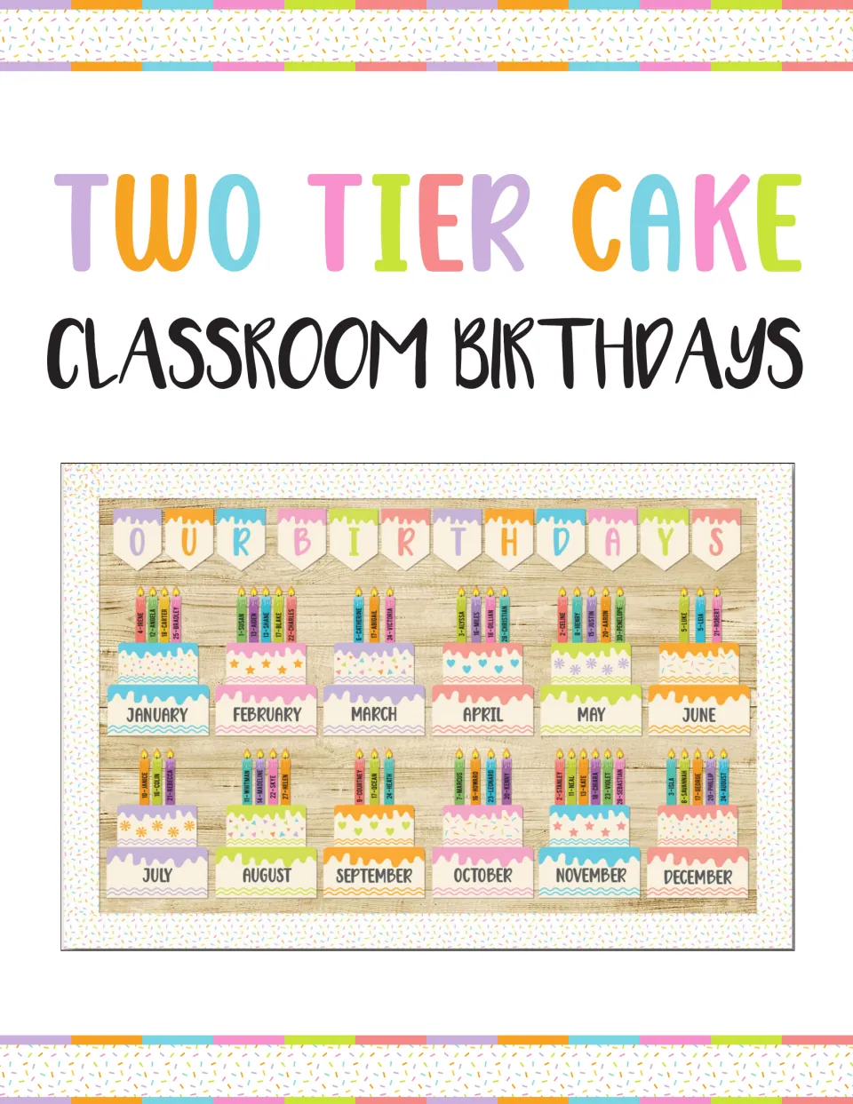 Birthday bulletin board kit cover showing 12 monthly cakes, student name candles, and 'Our Birthdays' bunting