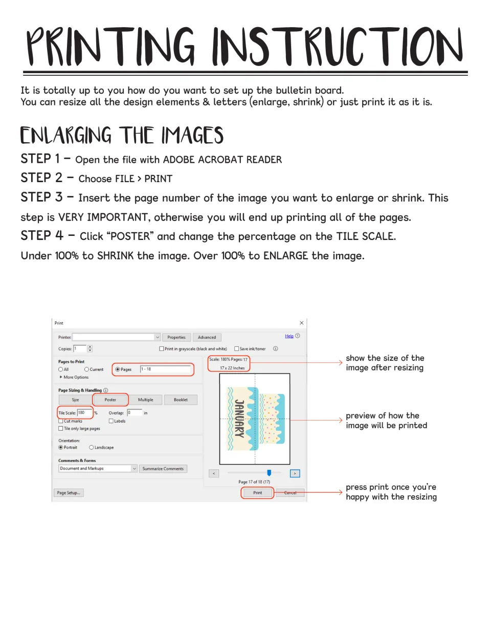 Birthday display printing instructions explain selecting pages and using Poster tile scale to resize images