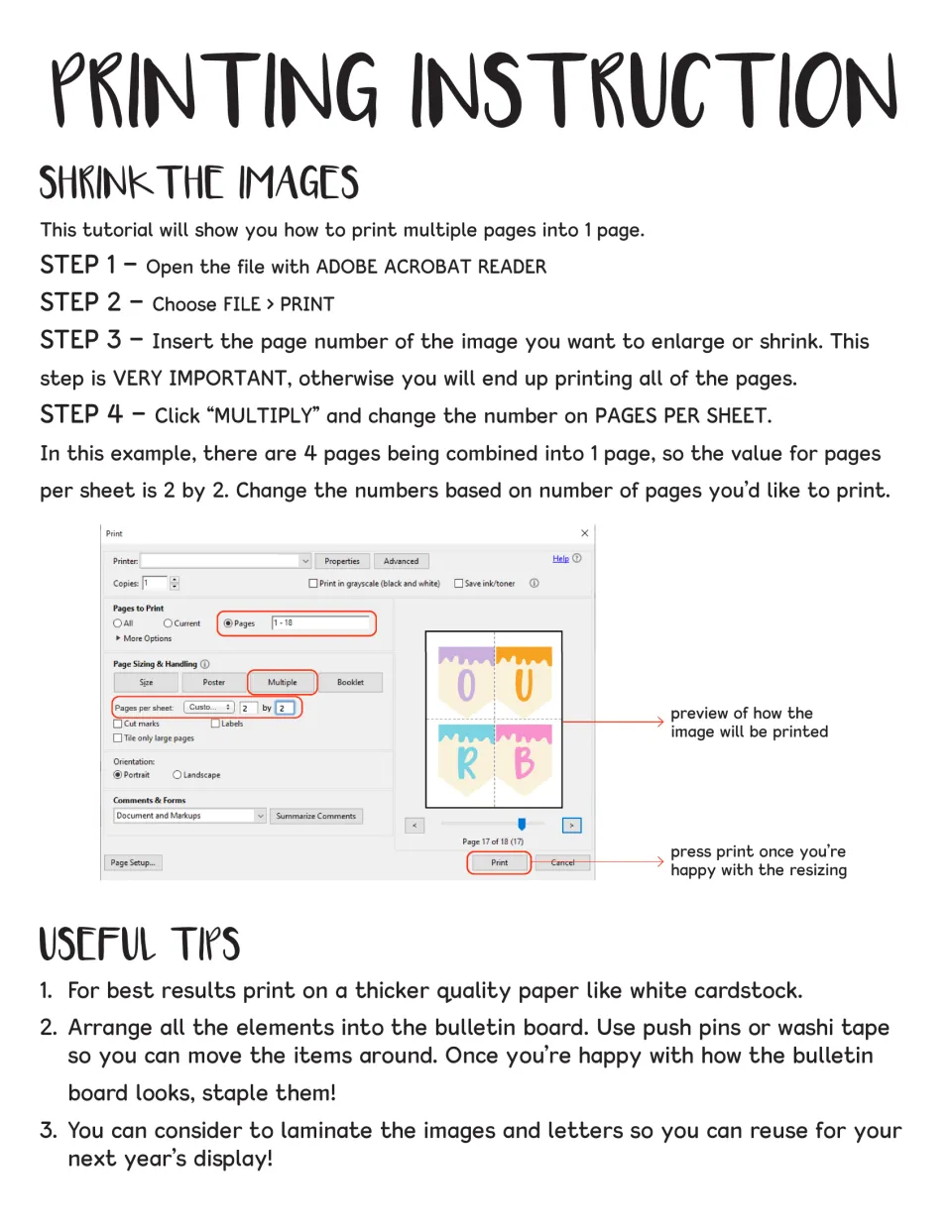 Birthday display printing guide explains multiple pages per sheet and gives cardstock and assembly tips