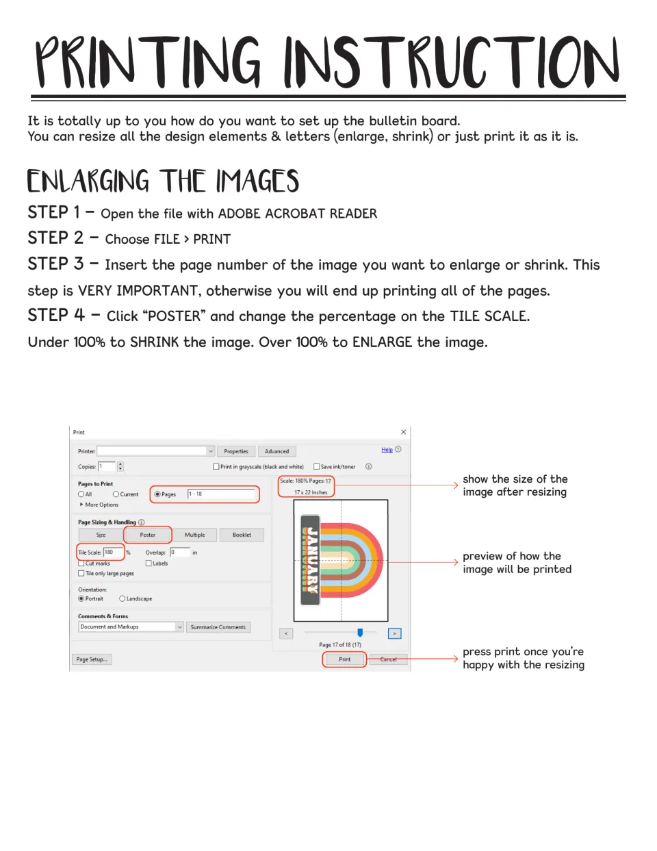 Birthday display printing instructions explain selecting pages and using Poster tile scale to resize images