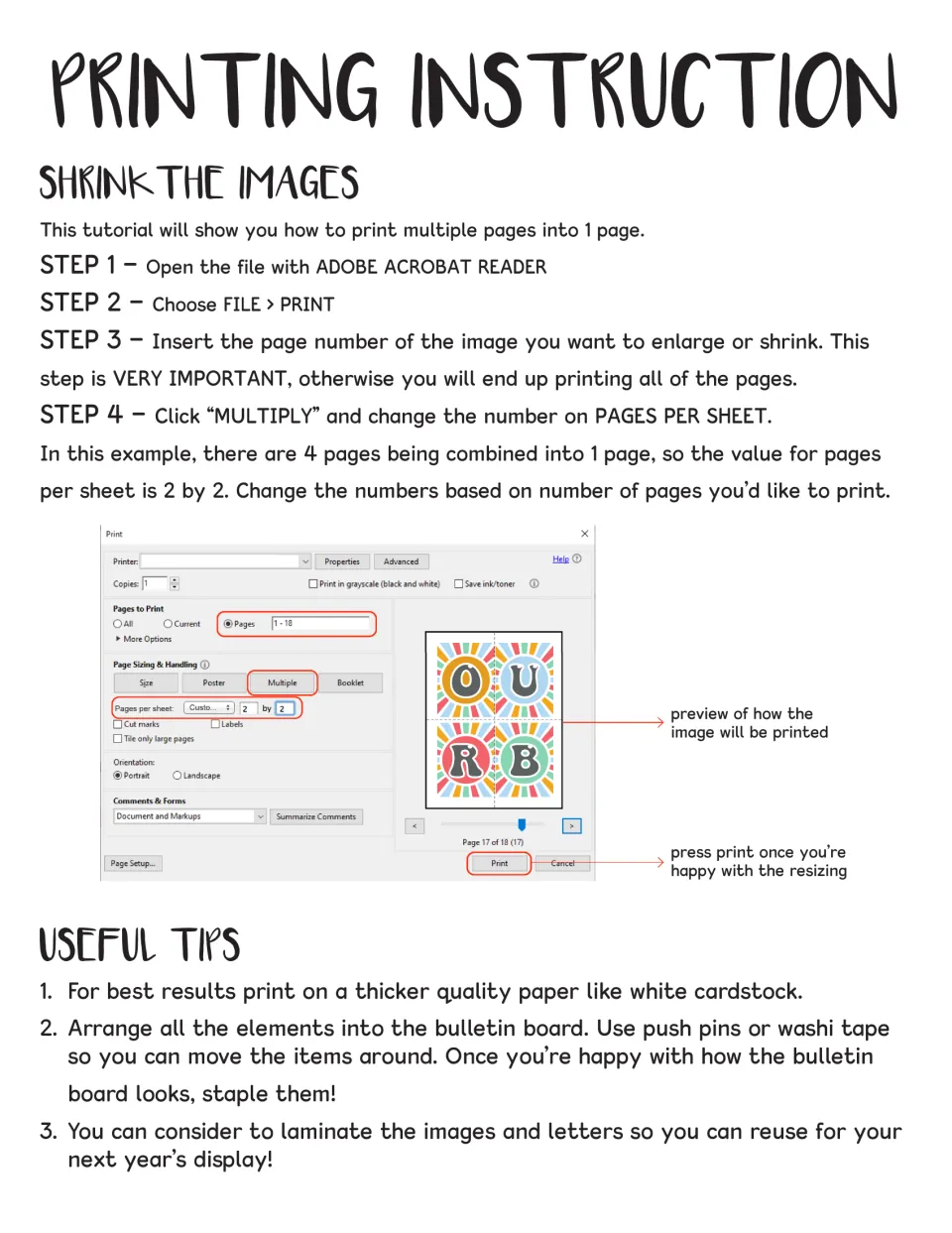 Birthday display printing guide explains multiple pages per sheet, cardstock, arranging pieces, and laminating