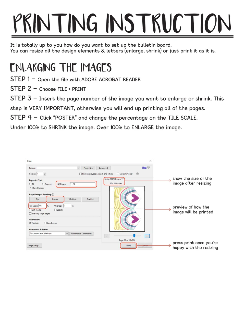Printing instructions for enlarging images: four steps using Poster and Tile Scale in Adobe Reader's print dialog