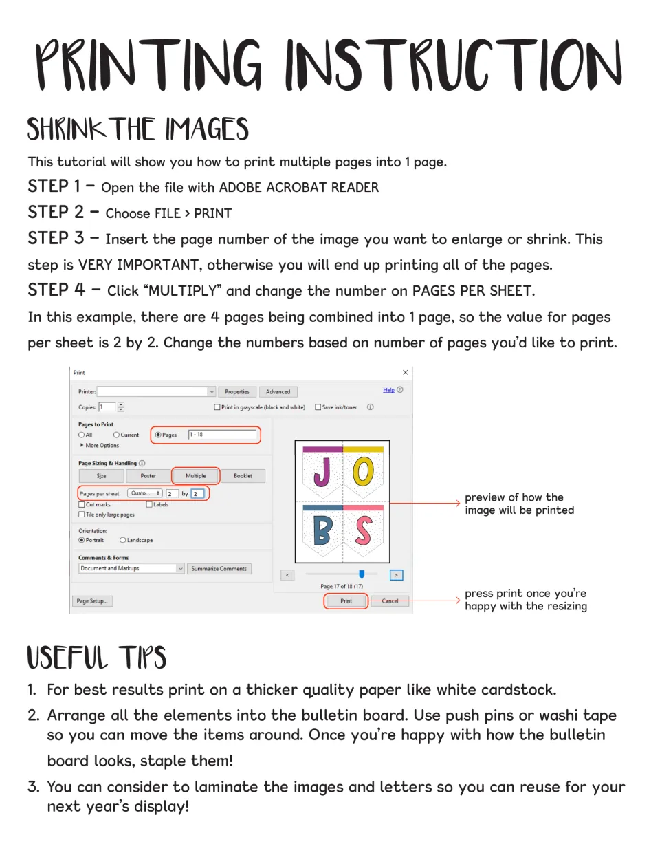 Shrinking images: print several pages per sheet with Multiple, plus tips on cardstock, pinning and laminating