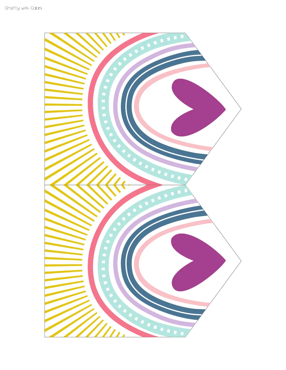 Two decorative pennant banners, each with a pastel rainbow, yellow sun rays and a purple heart, to flank the JOBS title
