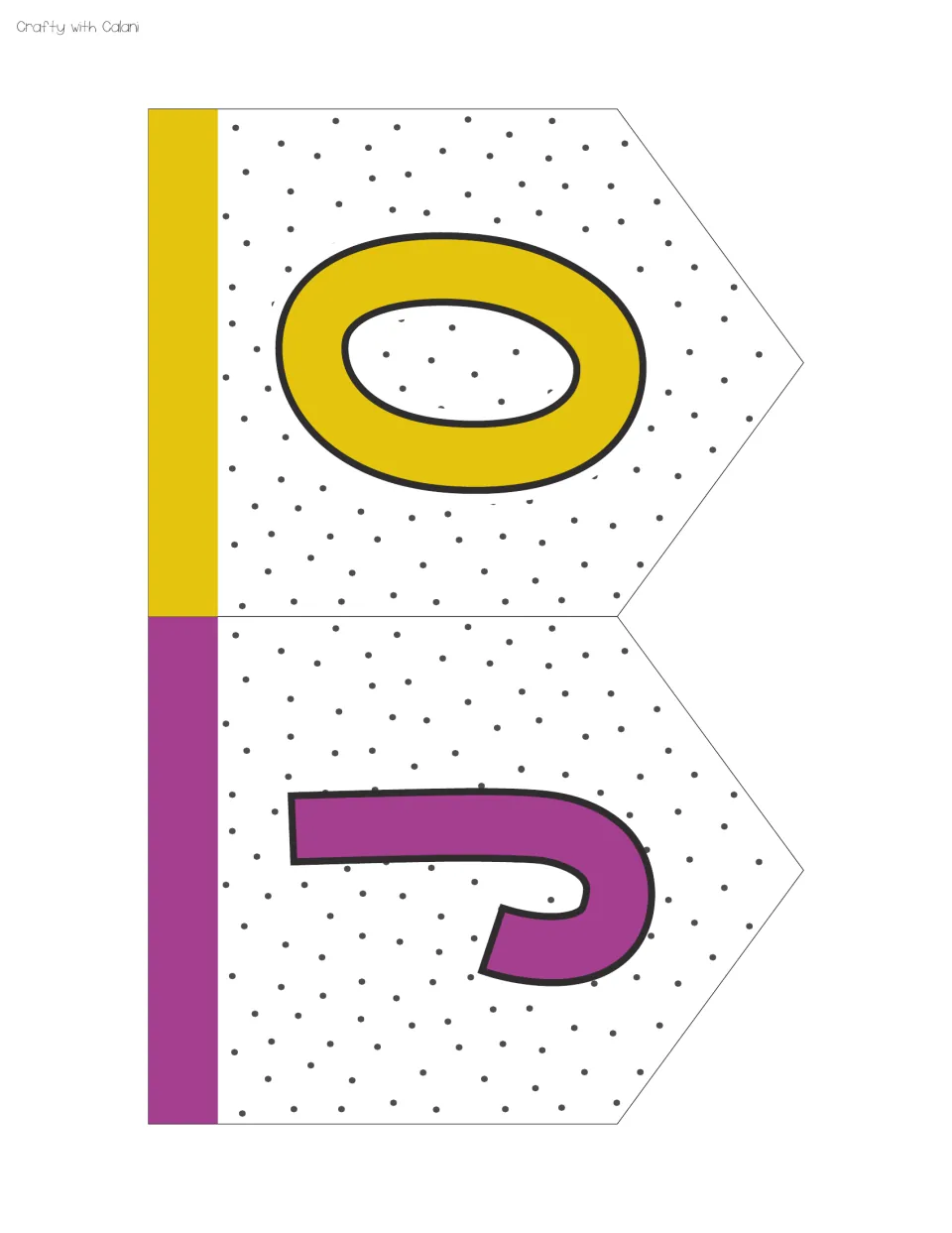 First two flags of the JOBS title: a yellow O and a purple J, each on a white dotted pennant turned sideways