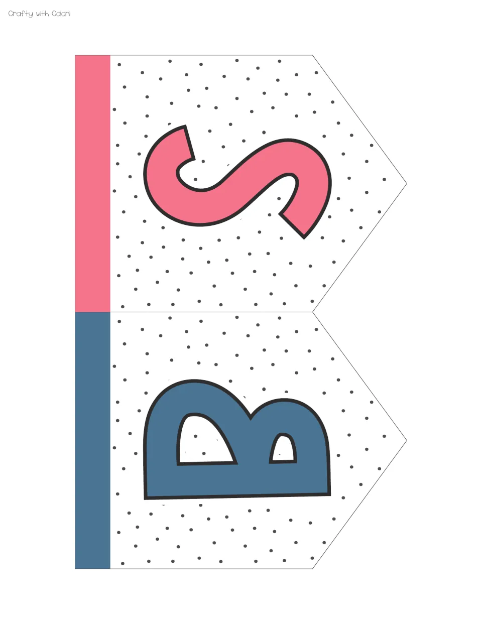 Remaining JOBS title flags: a pink S and a blue B on speckled pennant shapes, laid sideways to fit the sheet