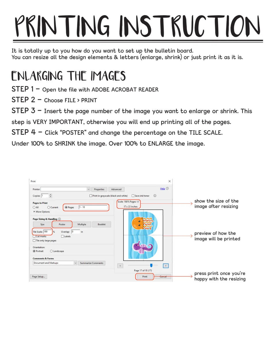Printing instructions for enlarging banner images in Adobe Reader using Poster mode and tile scale, with a print dialog