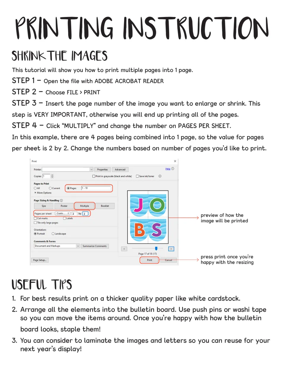 Shrinking images: print several pages per sheet with the Multiple option; tips on cardstock, pinning and laminating