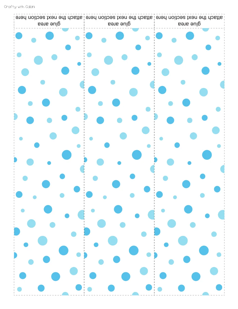 Cut-out pieces of the blue polka-dot border: three strips, each marked glue area to attach the next section