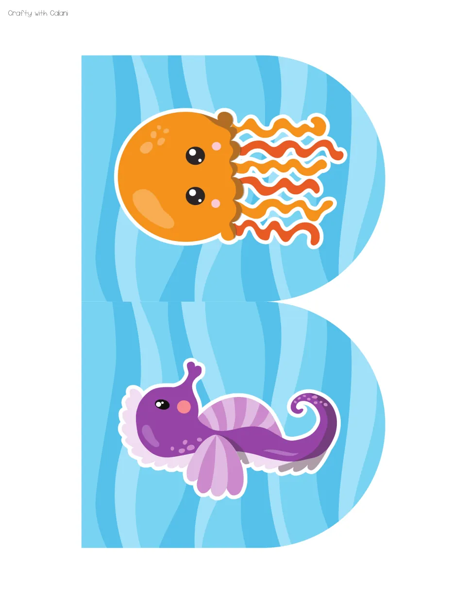 Two decorative pennant banners on blue waves, one with an orange jellyfish and one with a purple seahorse