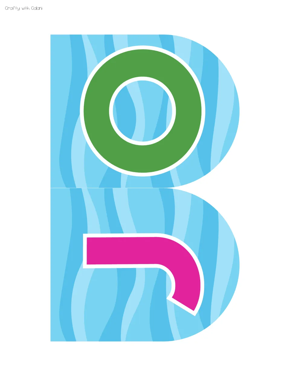 Letter banners for the title: a green O and a pink J on blue wave pennants, shown sideways to fit the page