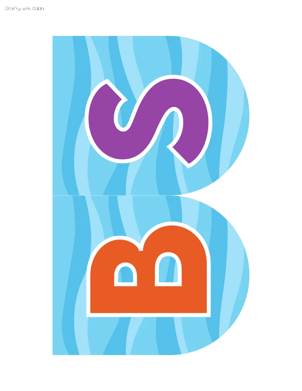 Letter banners finishing the title: a purple S and an orange B on blue wave pennants, printed sideways