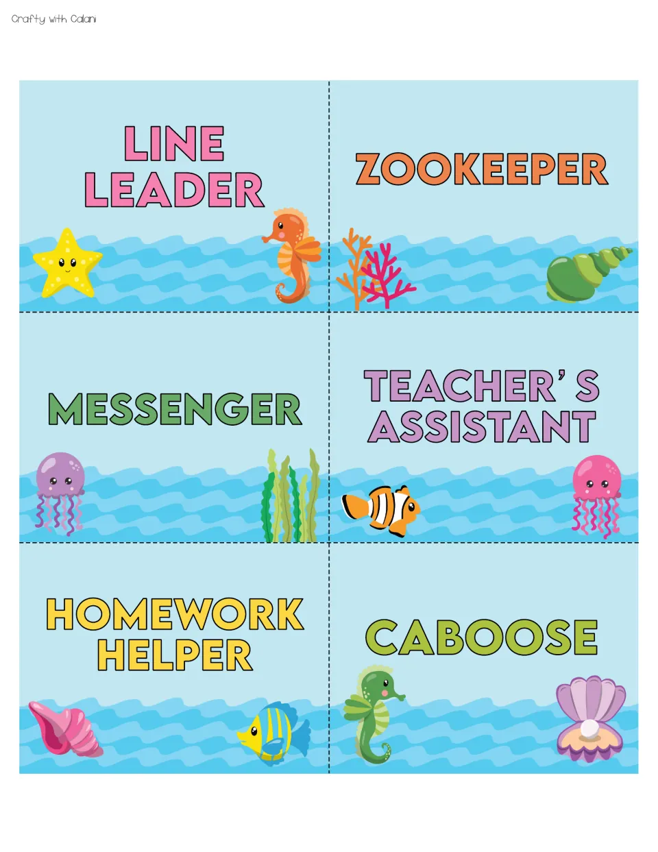 Job cards with ocean art: Line Leader, Zookeeper, Messenger, Teacher's Assistant, Homework Helper and Caboose