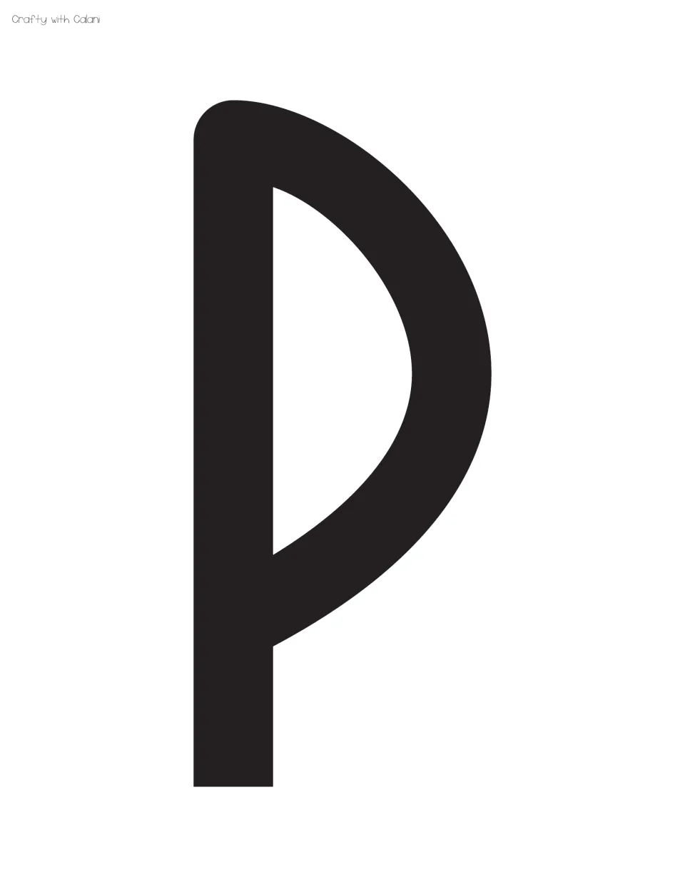 Display letter P, third in the set: a full-page solid black capital P with a tall stem and curved bowl for cutting out