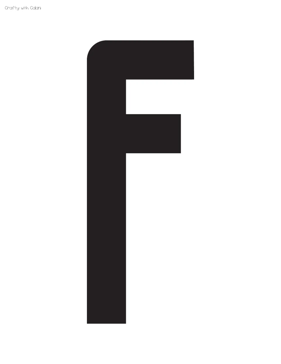 Display letter F, sixth in the set: a full-page solid black capital F with a rounded top corner, to print and cut out