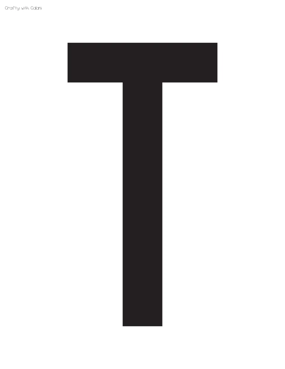 Display letter T, tenth in the set: a full-page solid black capital T with a wide top bar, ready to print and cut out