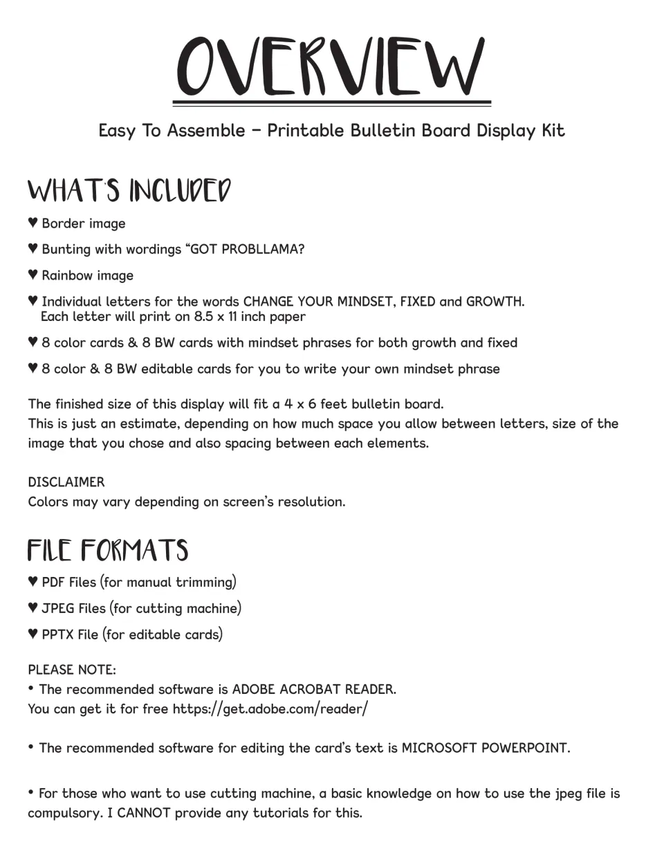 Overview listing border, Got Probllama? bunting, rainbow, letters, mindset cards, editable cards and PDF/JPEG/PPTX files