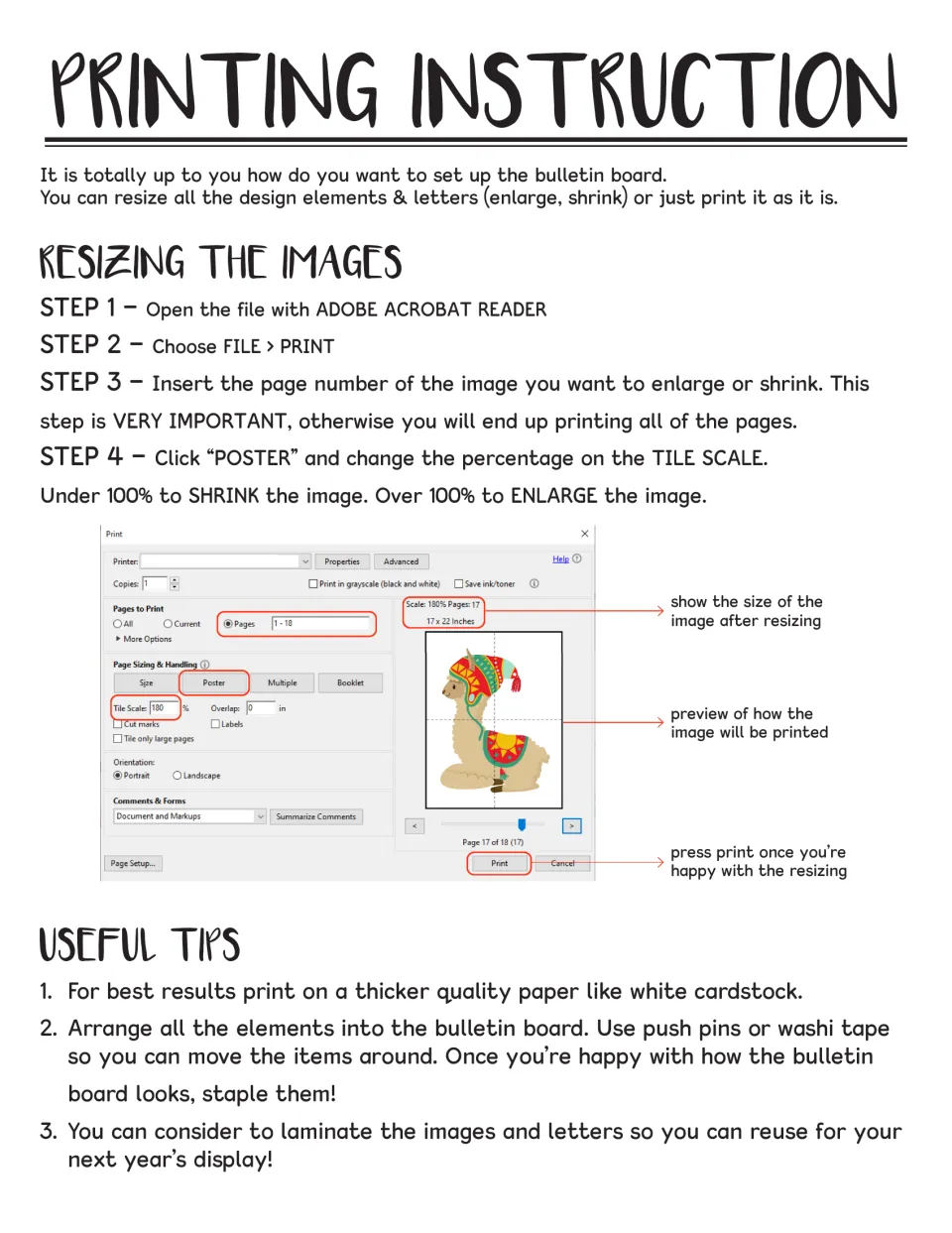 Printing instructions: four steps to resize pieces with Acrobat's Poster tile scale, plus tips on cardstock and laminating